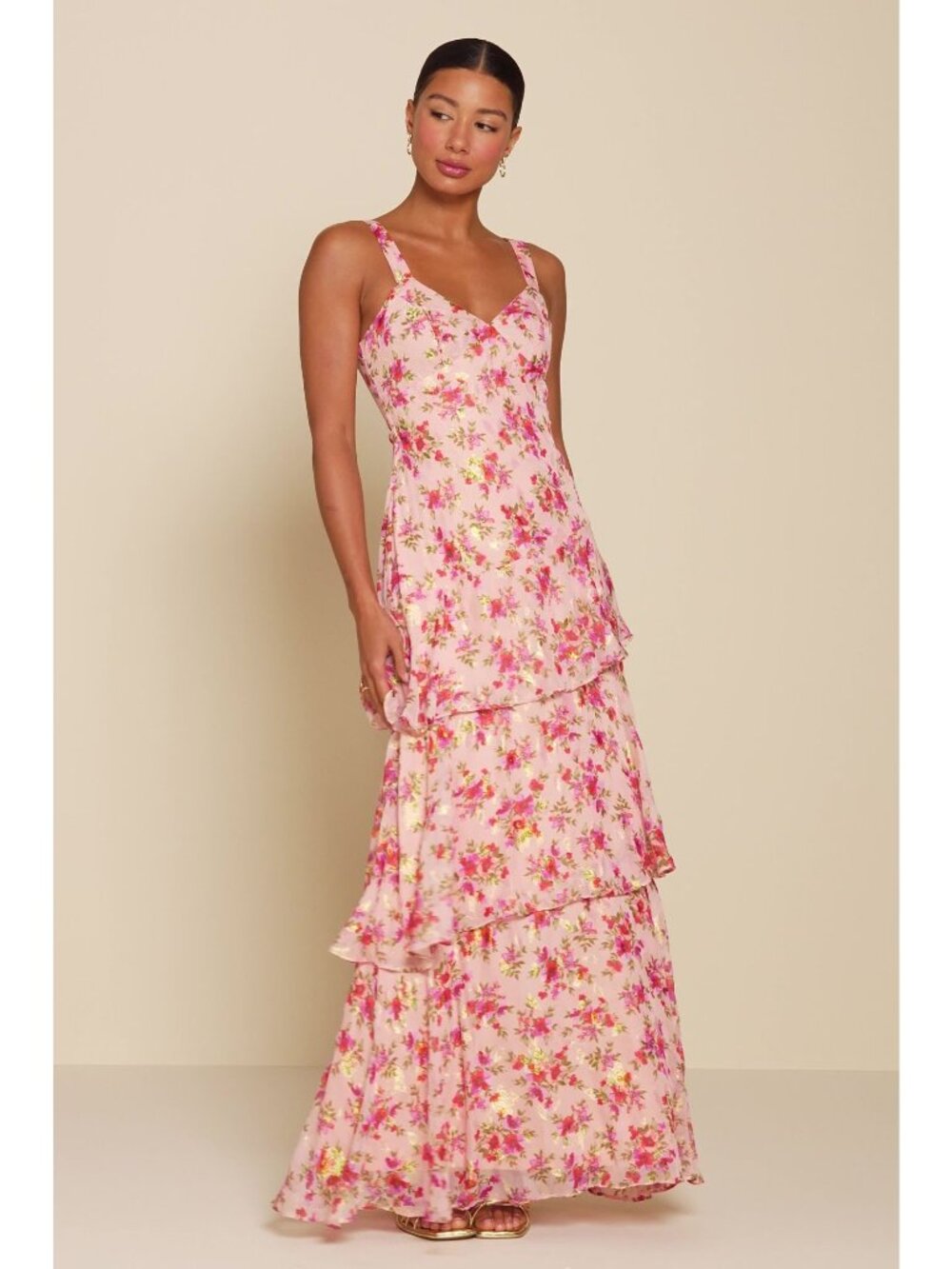 Lulu's Pink Tiered Dress 2 X Small Laurette Sleeveless Floral Maxi NWT